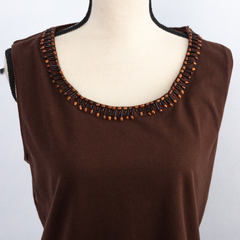Neutral chocolate brown tank top wood look beaded trim neckline L by Sag Harbor